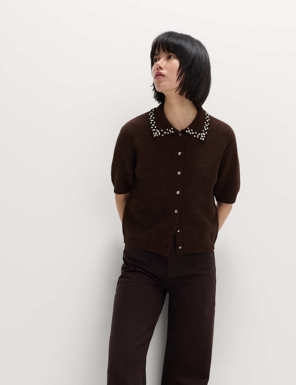 M&S Embellished Cropped Cardigan with Wool Dark Chocolate