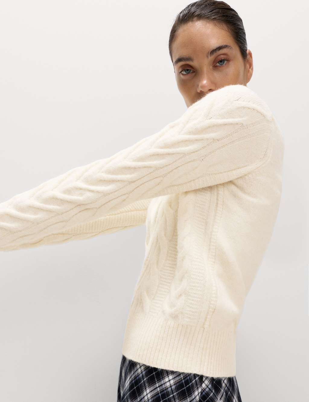 M&S Textured Cable Knit V-Neck Jumper with Wool Light Cream