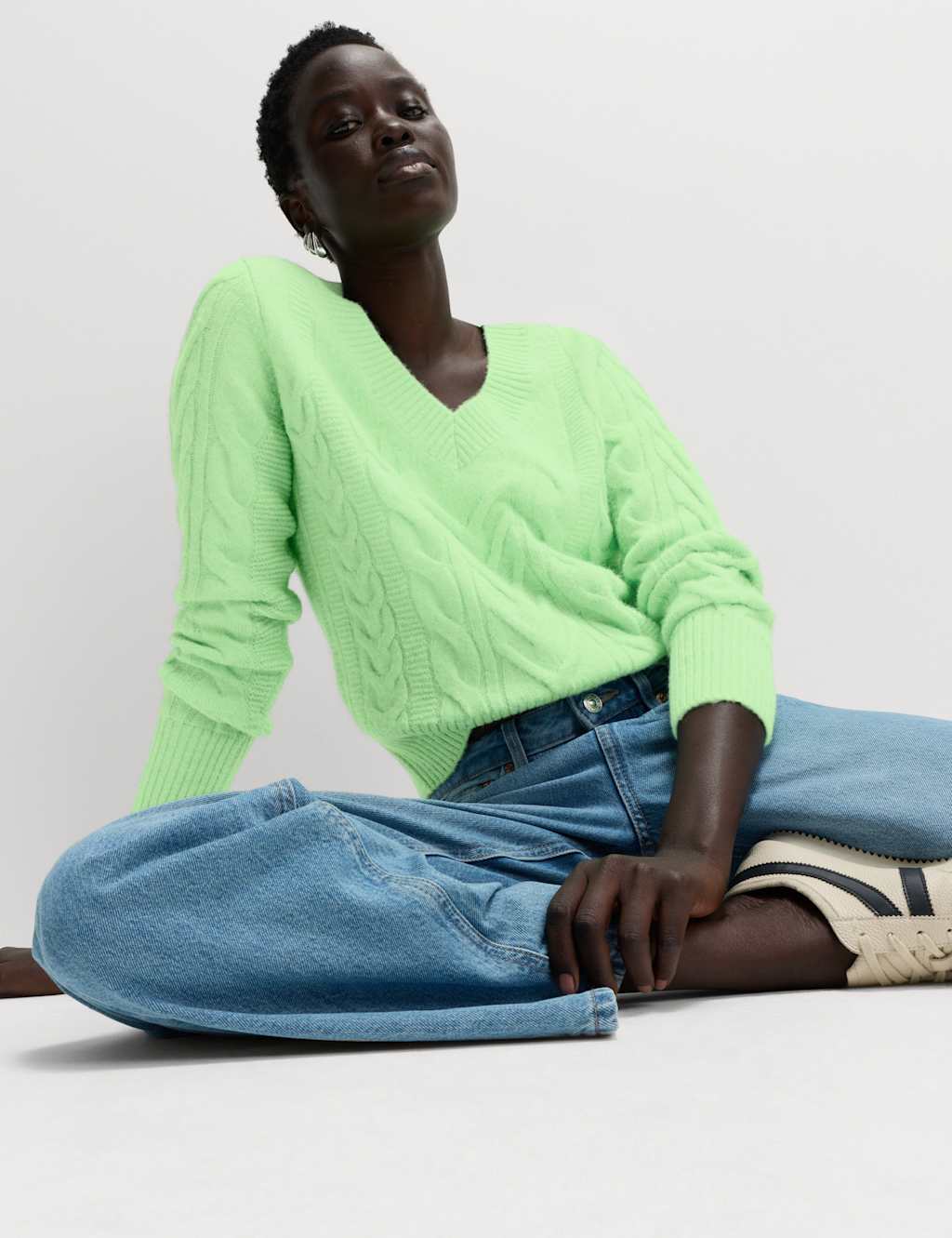 M&S Textured Cable Knit V-Neck Jumper with Wool Soft Green