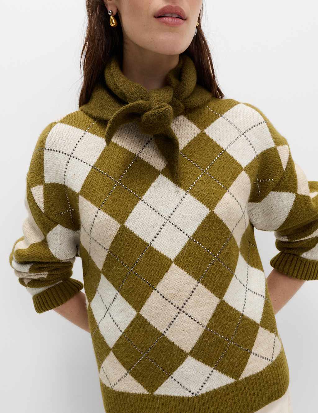 M&S Argyle Crew Neck Slim Fit Jumper with Wool Chartreuse