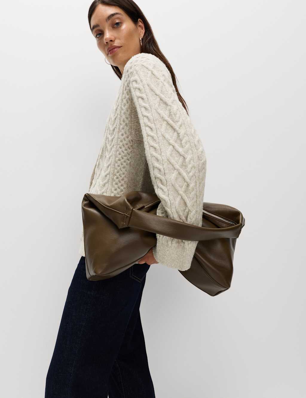 M&S Cable Knit Button Front Cardigan Oatmeal