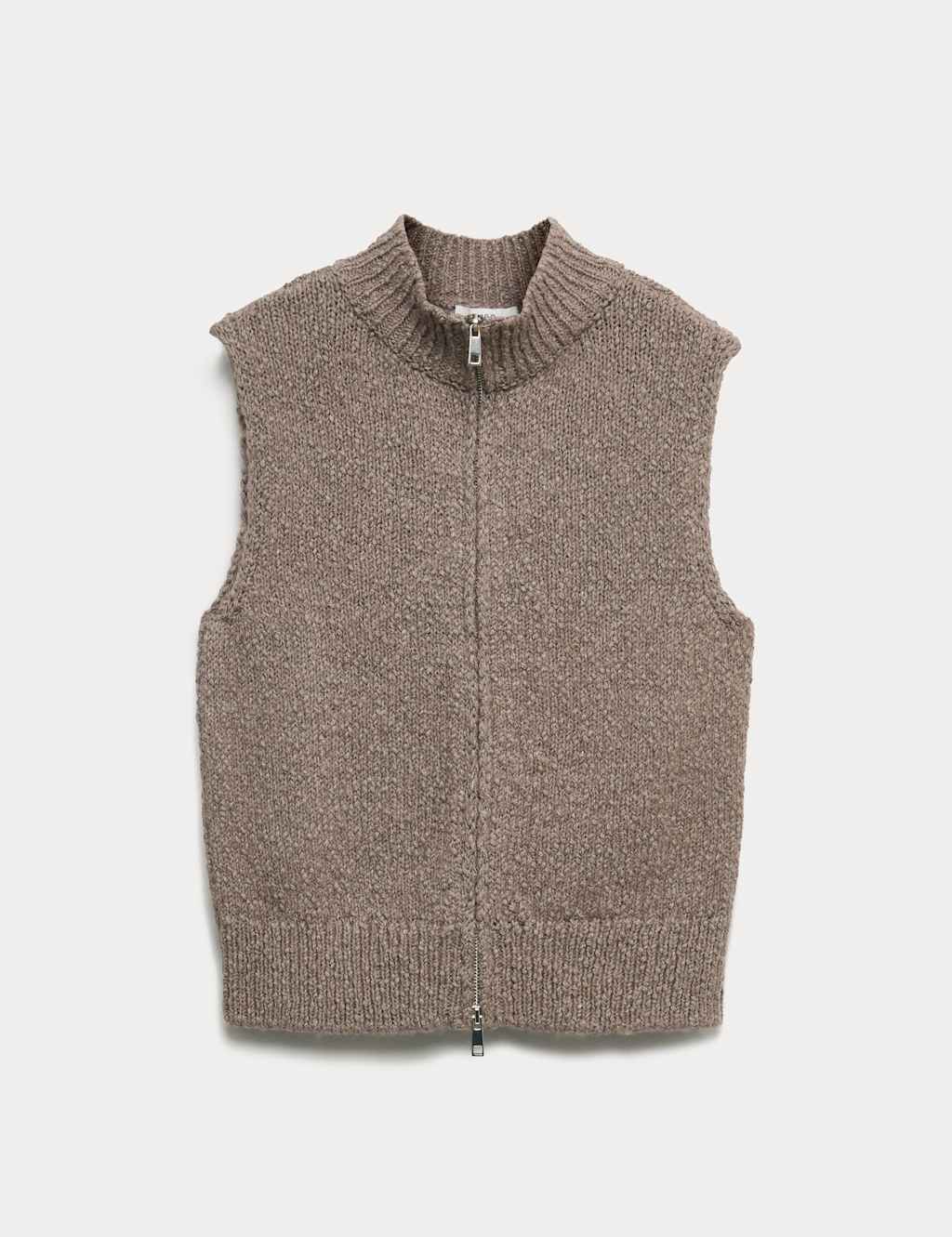 M&S Cotton Rich Boucle Zip Up Knitted Waistcoat Nutmeg