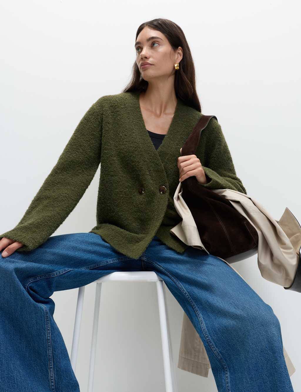 M&S Boucl V-Neck Button Front Cardigan with Wool Dark Khaki