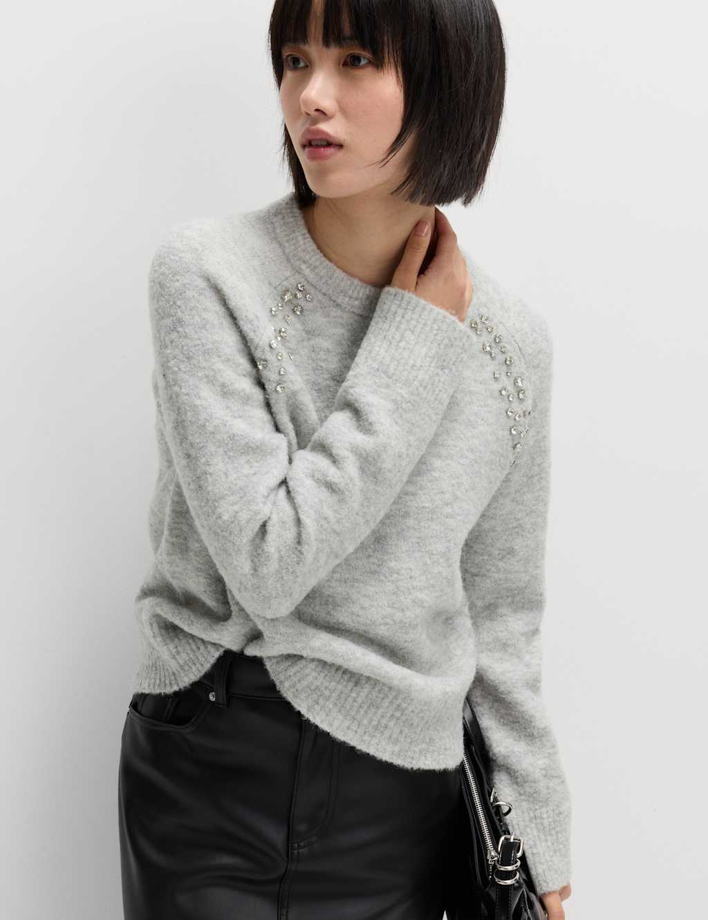 M&S Boucle Embellished Jumper With Wool Grey