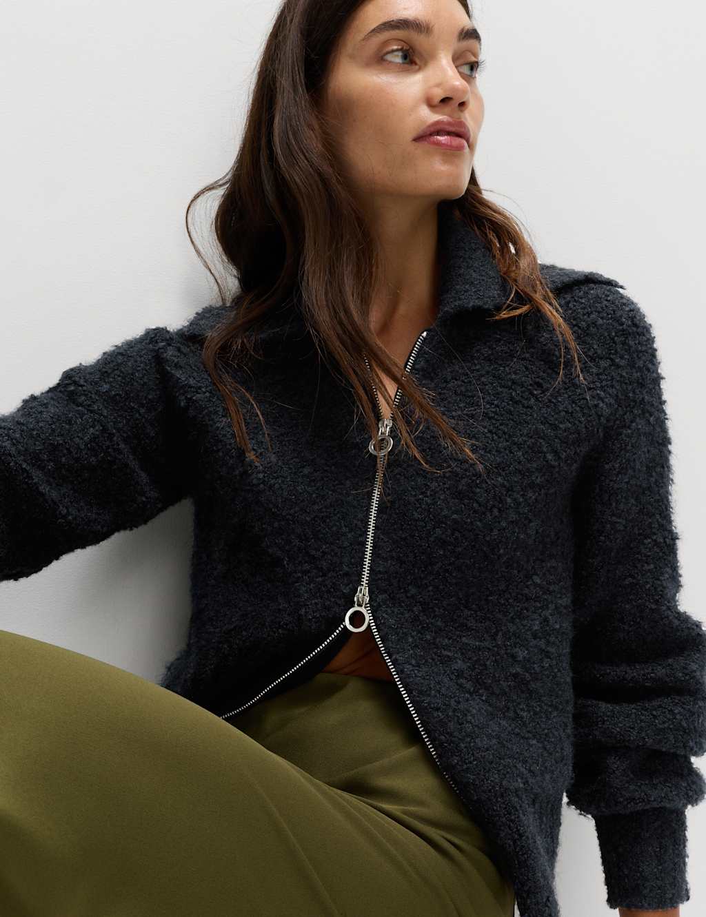 M&S Boucl Zip Up Collared Knitted Jacket with Wool Midnight Navy