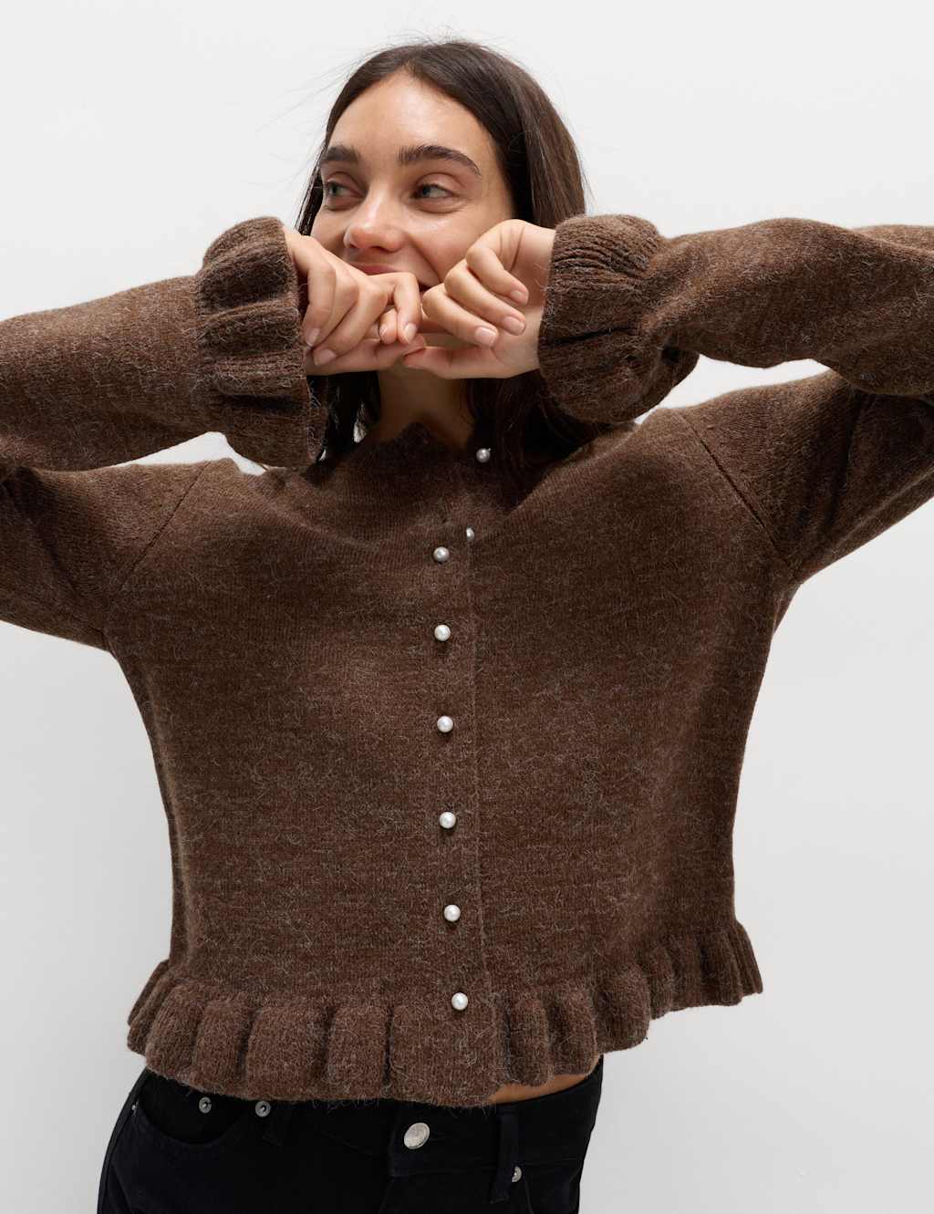 M&S Textured Frill Detail Cardigan with Wool Fawn