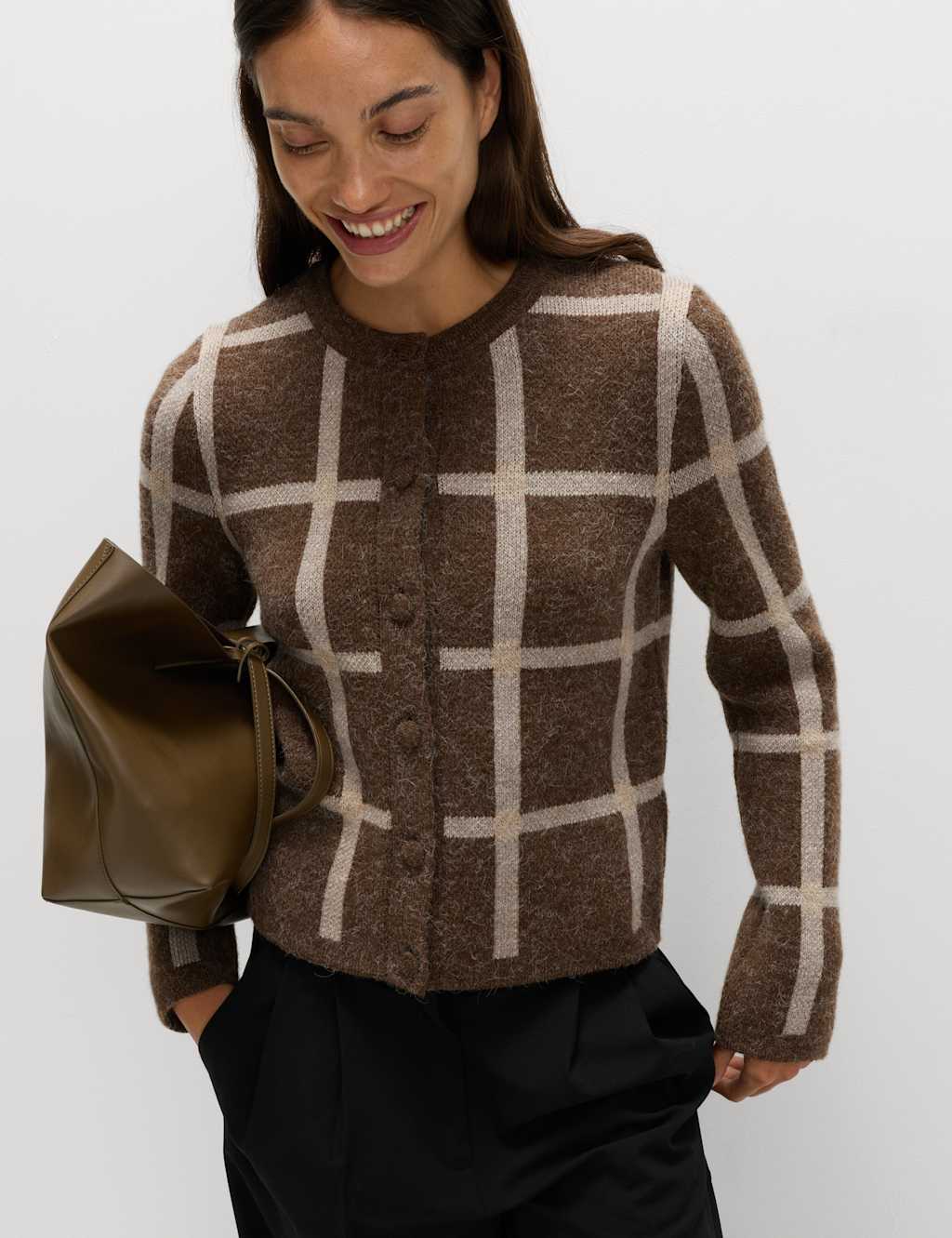 M&S Checked Crew Neck Cardigan With Wool Brown