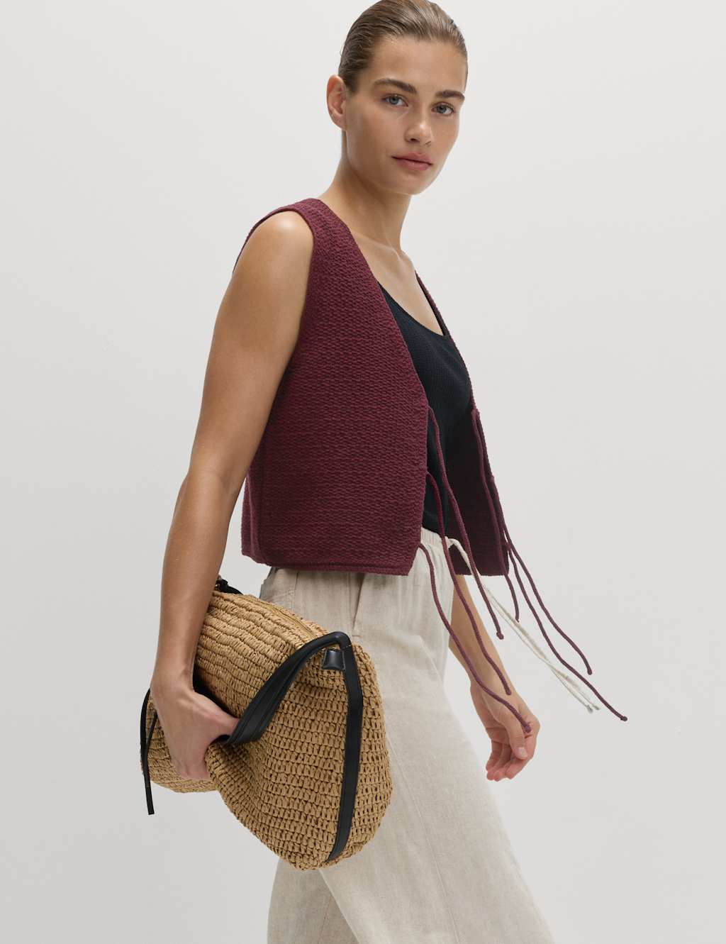 M&S Cotton Blend Textured Tie Front Waistcoat Dark Burgundy