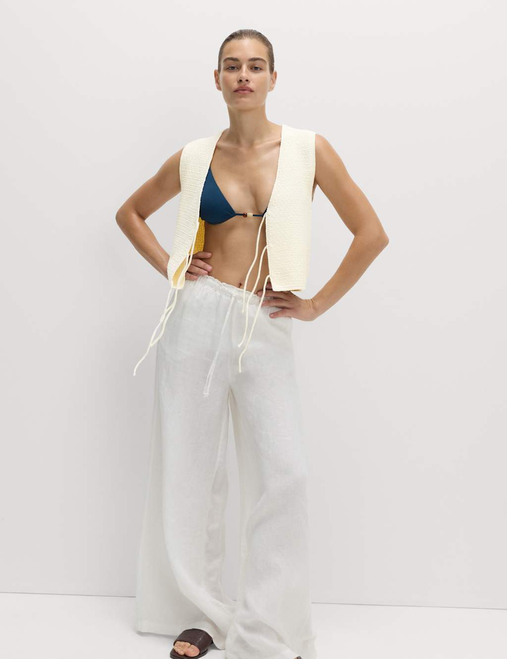 M&S Cotton Blend Textured Tie Front Waistcoat Oatmeal