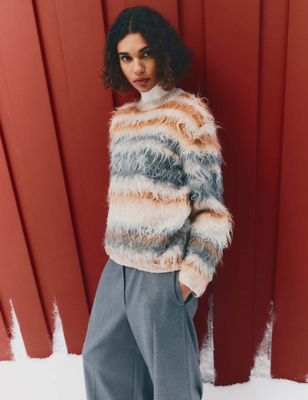 M&S Striped Crew Neck Relaxed Jumper with Wool Natural