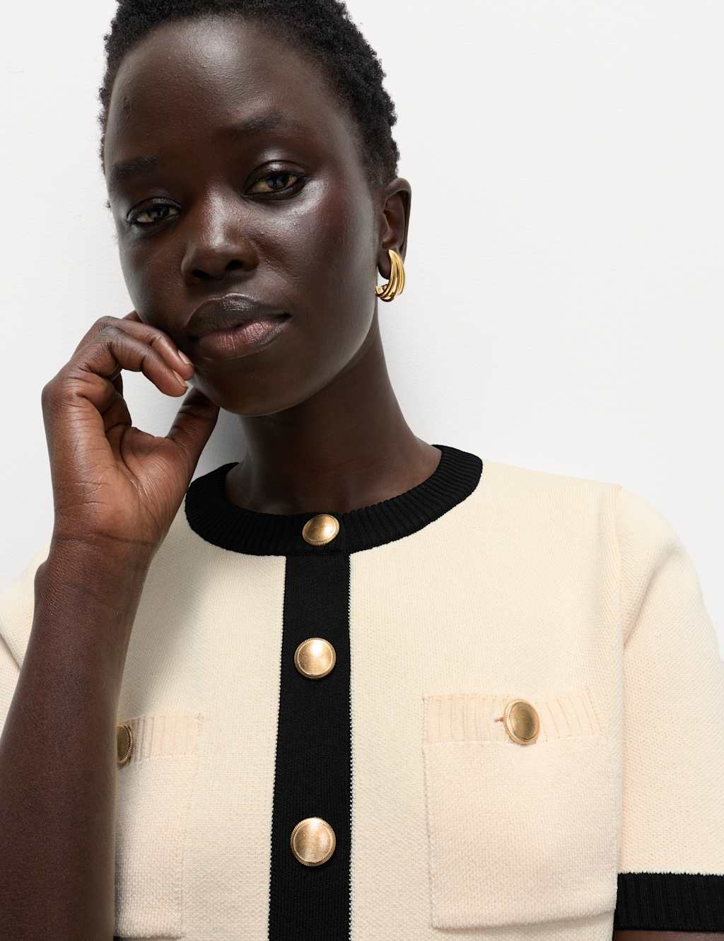 M&S Tipped Detail Cropped Cardigan Cream Mix