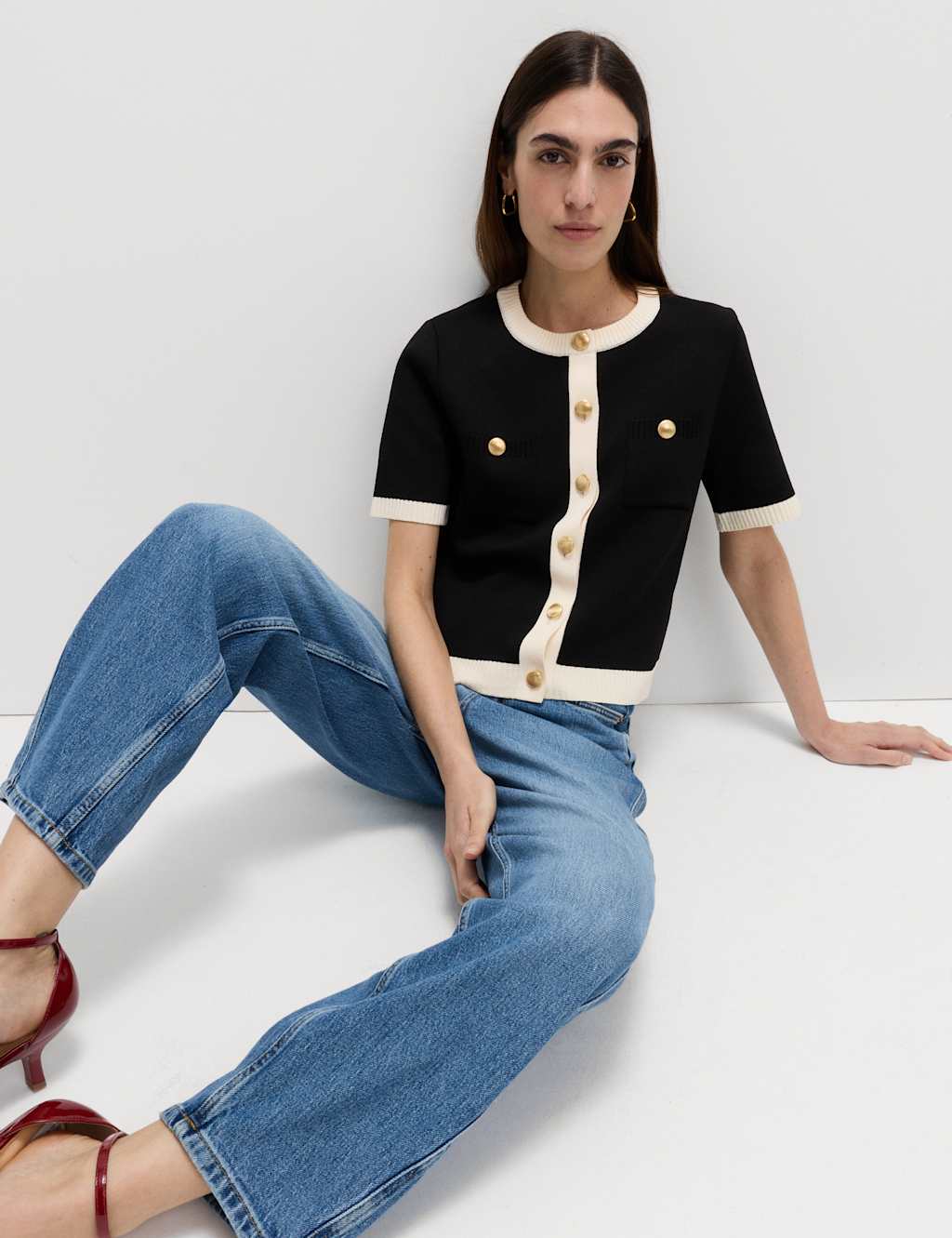 M&S Tipped Detail Cropped Cardigan Black Mix