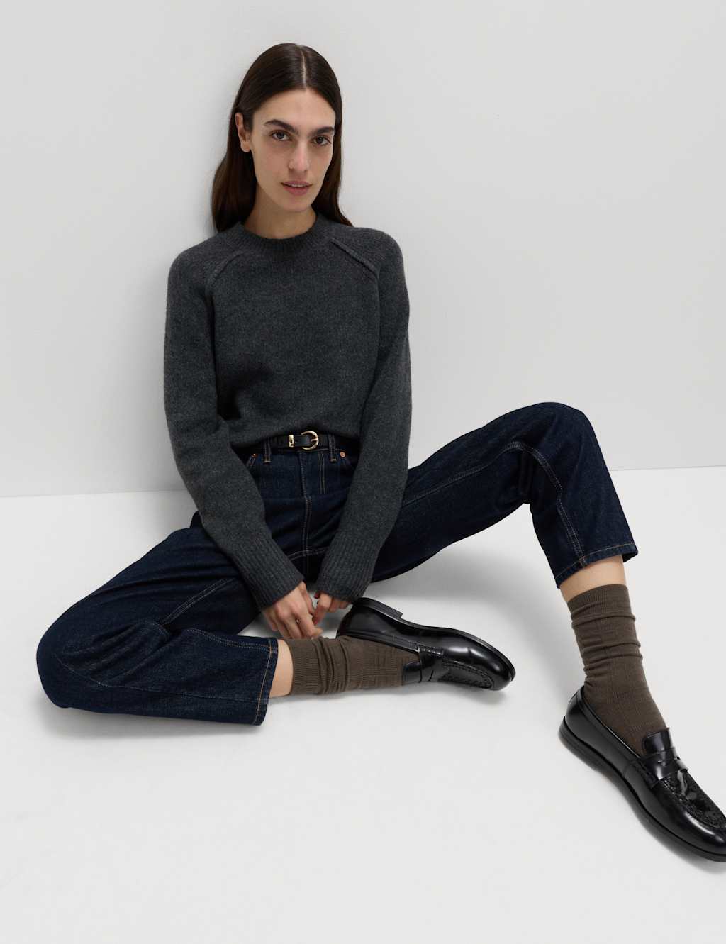 M&S Textured Crew Neck Jumper with Wool Charcoal