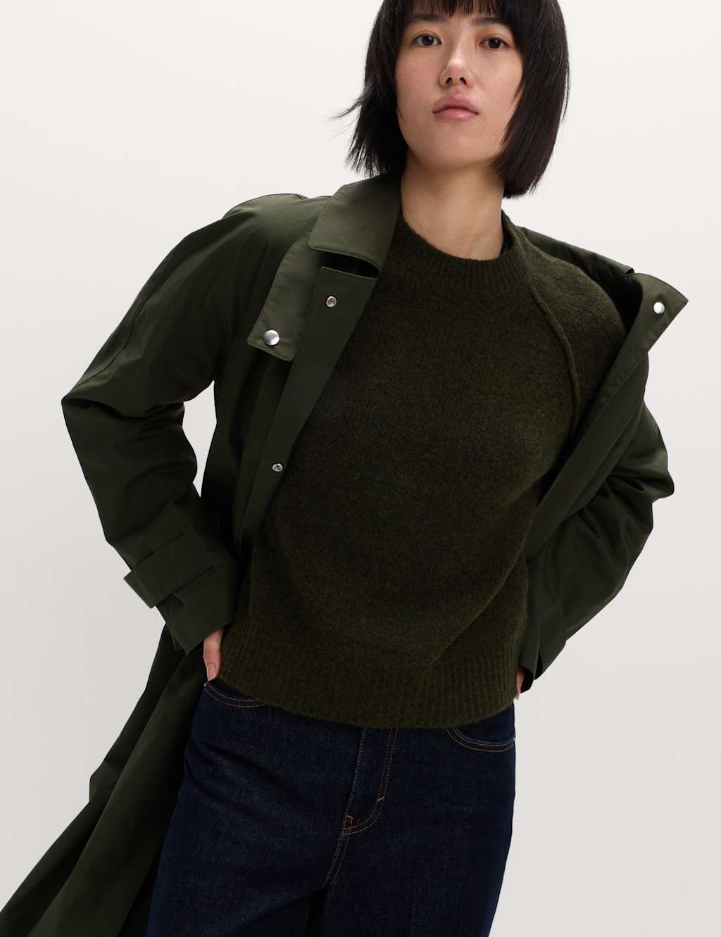 M&S Textured Crew Neck Jumper with Wool Dark Khaki