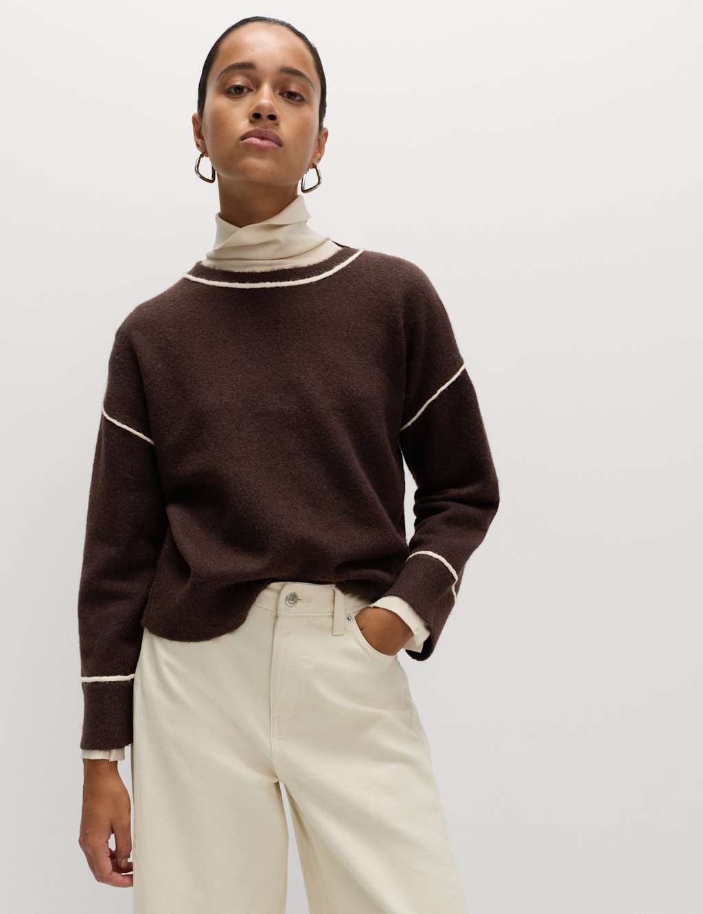 M&S Tipped Detail Relaxed Fit Jumper Bitter Chocolate