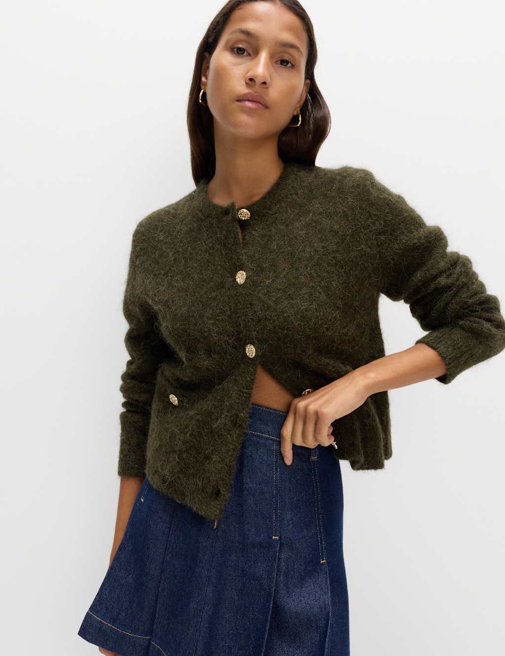 M&S Alpaca Blend Button Front Cropped Cardigan Olive