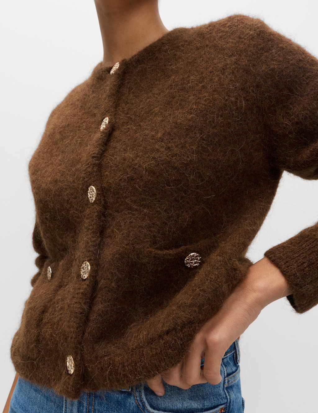 M&S Alpaca Blend Button Front Cropped Cardigan Toffee