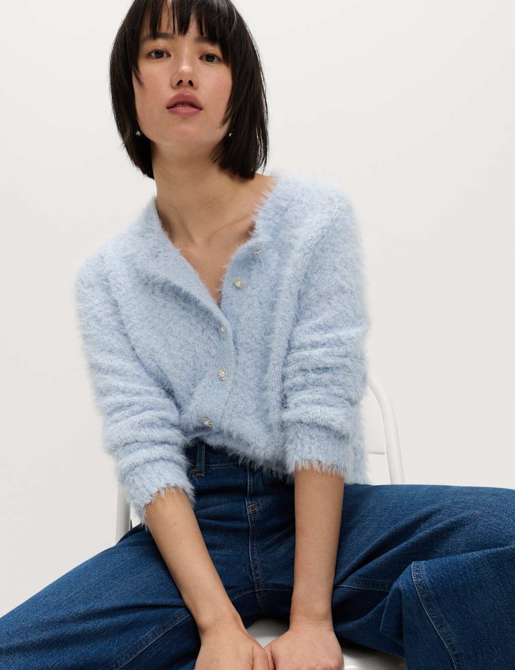 M&S Textured Embellished Button Through Cardigan Faded Blue