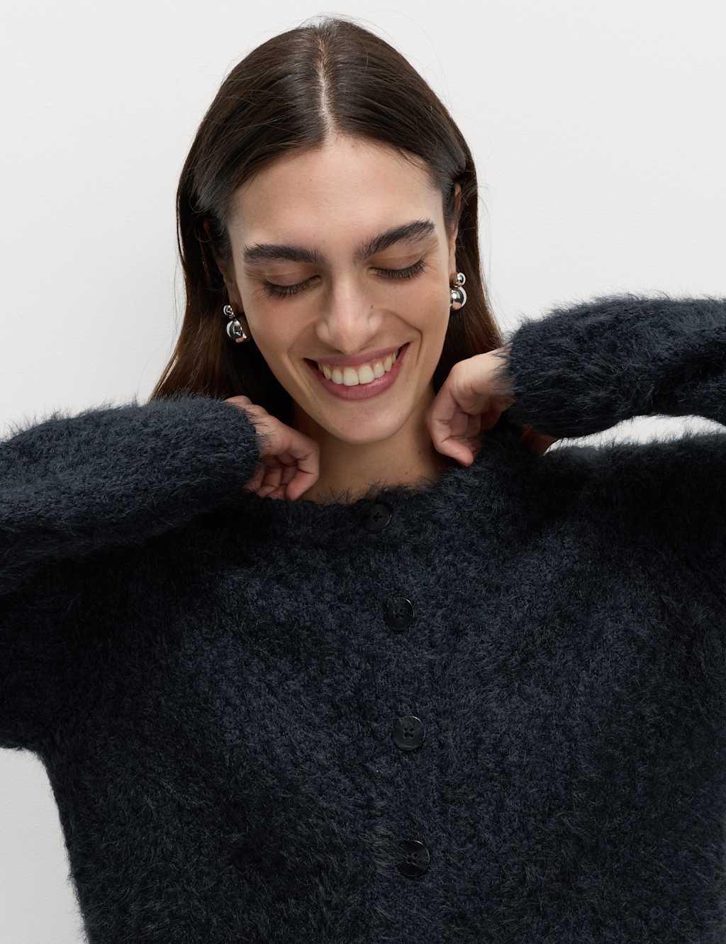 M&S Textured Crew Neck Cardigan Midnight Navy