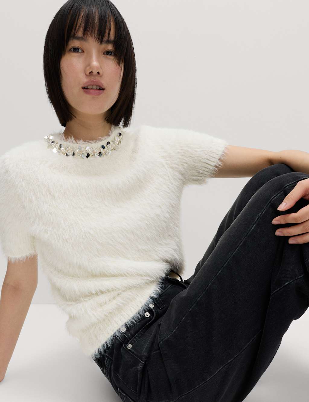 M&S Embellished Crew Neck Fitted Knitted Top Ivory