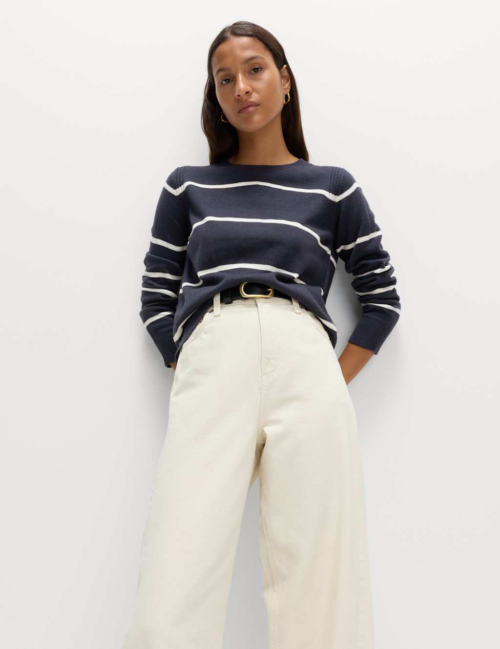 M&S Supersoft Striped Crew Neck Jumper Navy