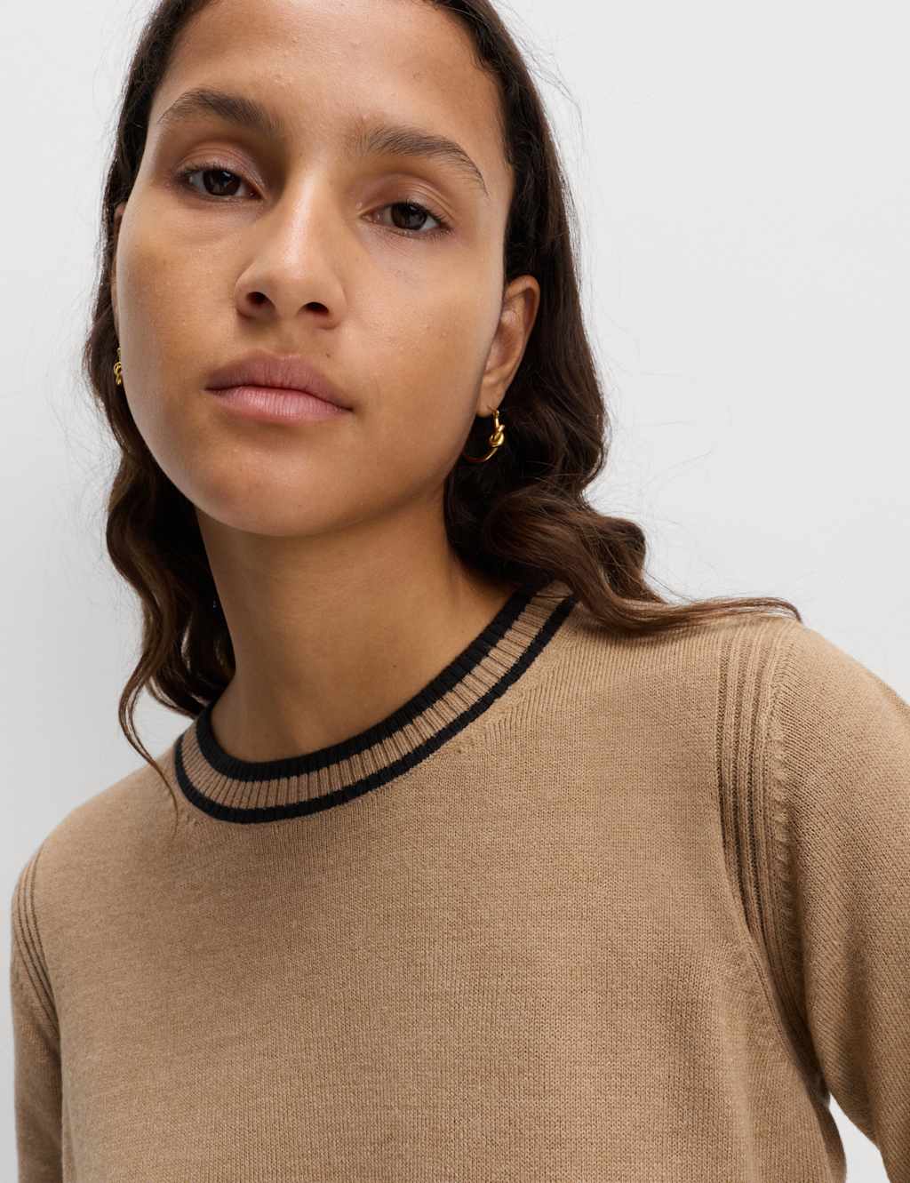 M&S Supersoft Tipped Crew Neck Jumper Hazelnut