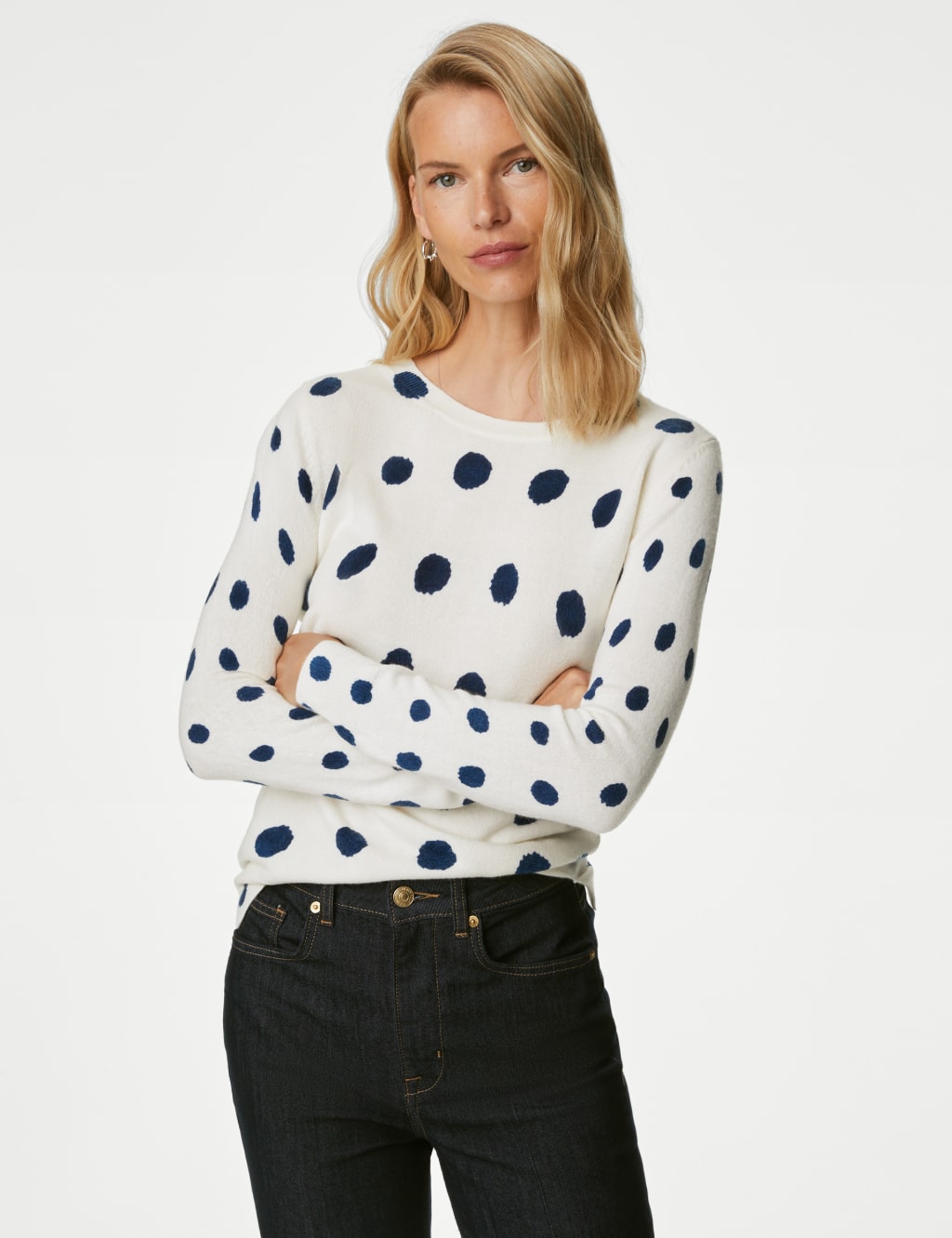 M&S Supersoft Spot Print Crew Neck Jumper Navy Mix