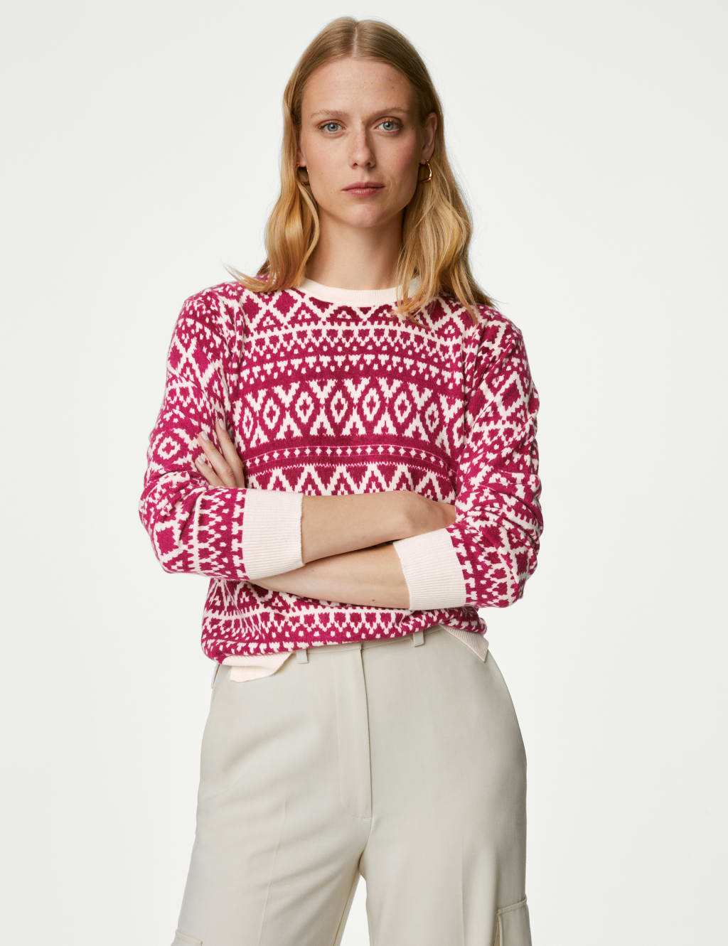 M&S Supersoft Fair Isle Crew Neck Jumper Pink Mix