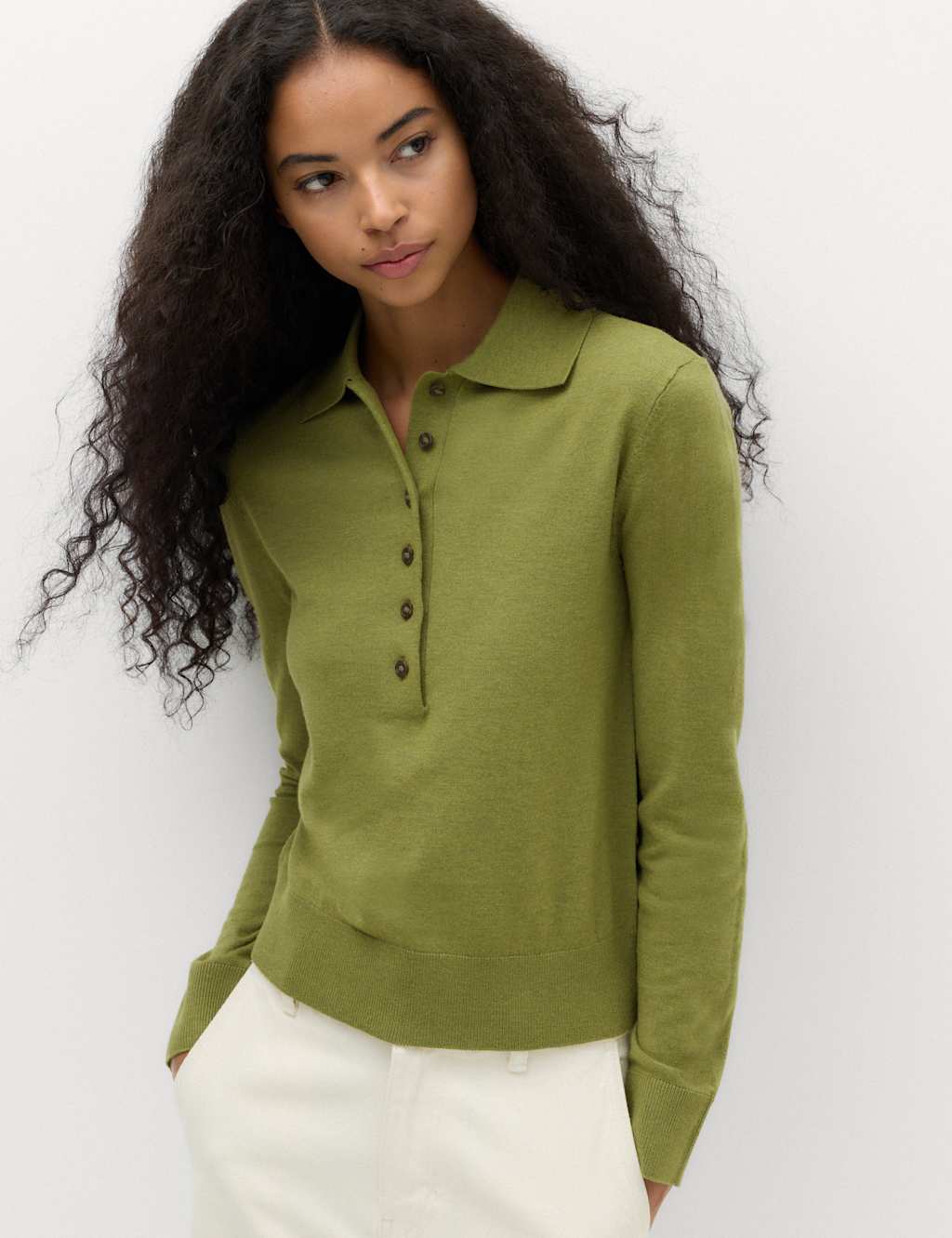 M&S Women's Collared Slim Jumper with Wool - Medium - Moss