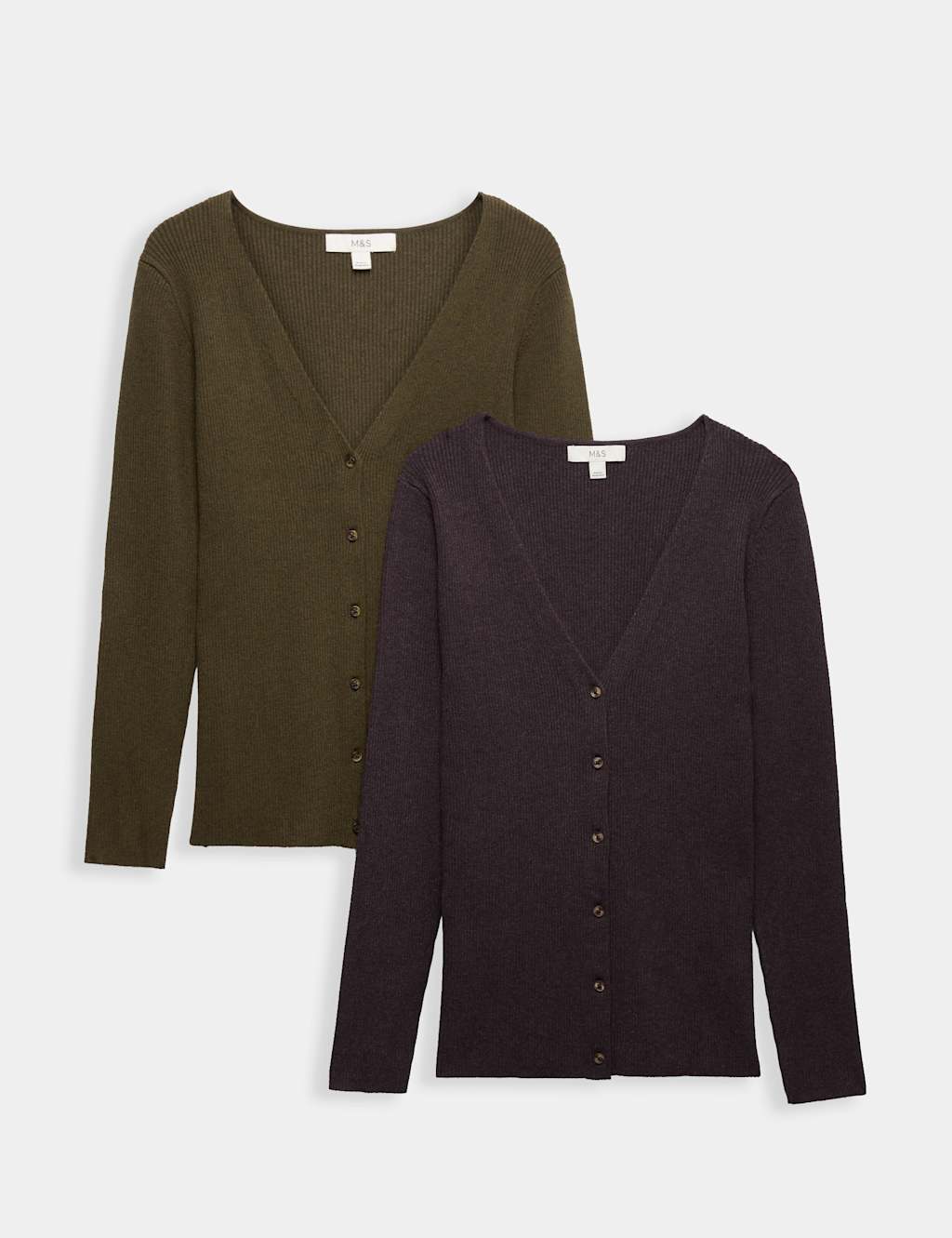 M&S Women's 2 Pack Ribbed V-Neck Slim Fit Cardigans - Medium - Multi