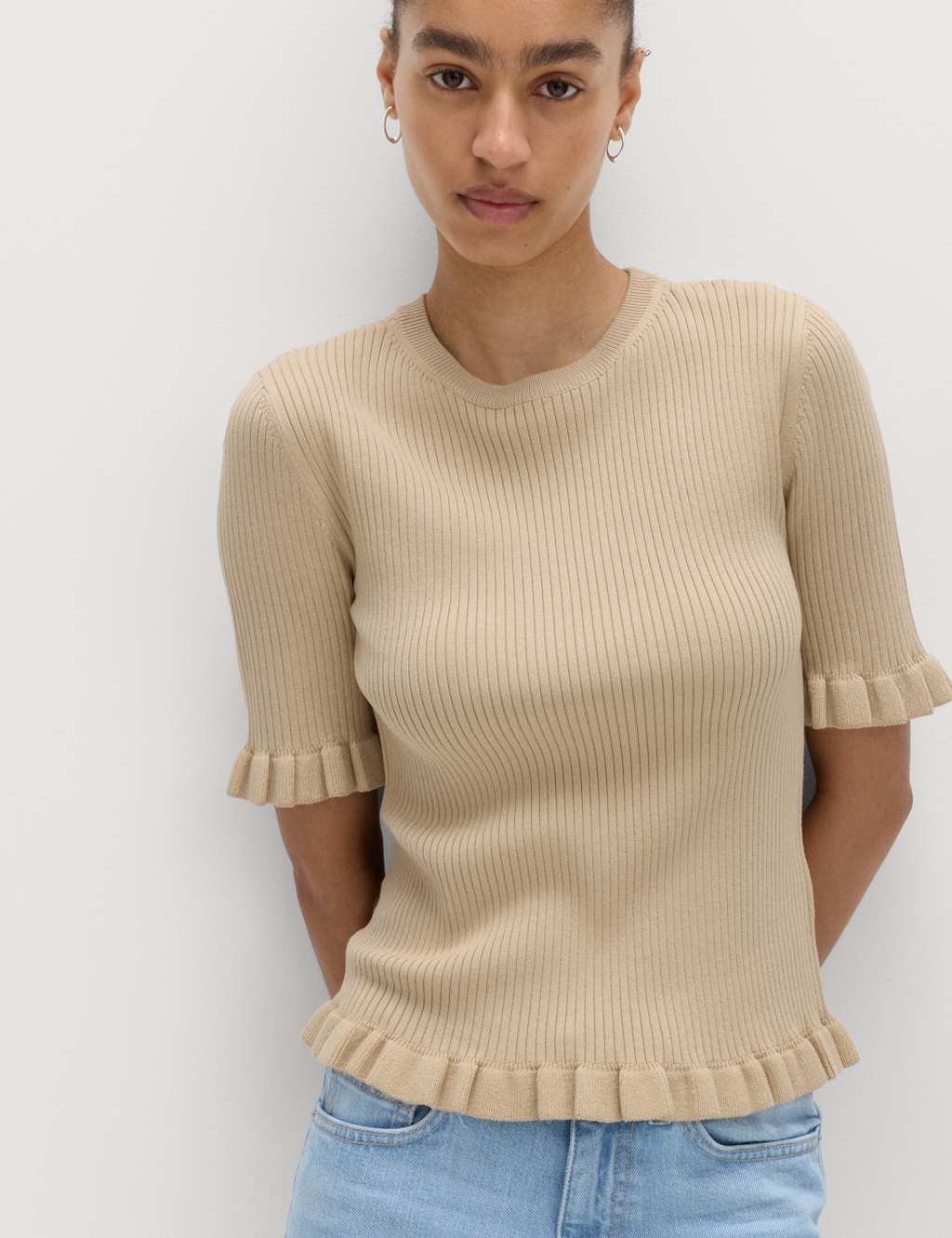 M&S Women's Ribbed Frill Detail Knitted Top - Large - Sandstone