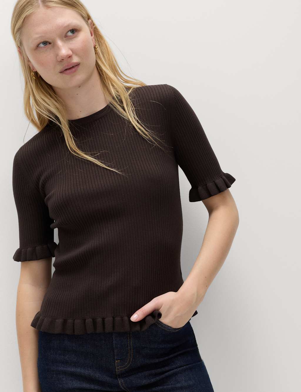 M&S Women's Ribbed Frill Detail Knitted Top - Large - Bitter Chocolate