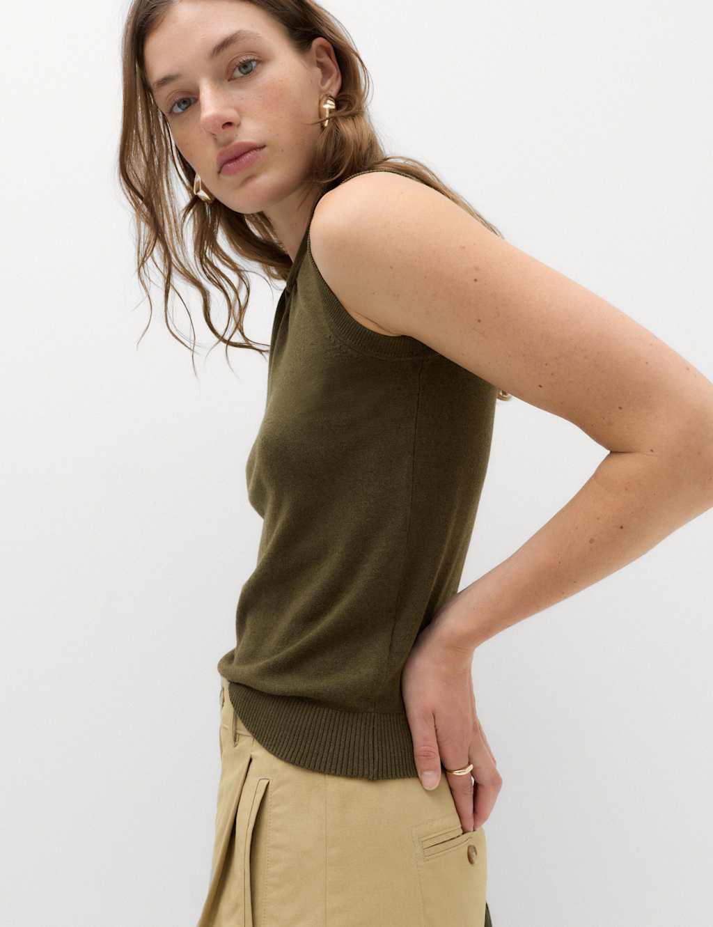 M&S Women's Twist Front Slim Knitted Vest - Medium - Dark Olive