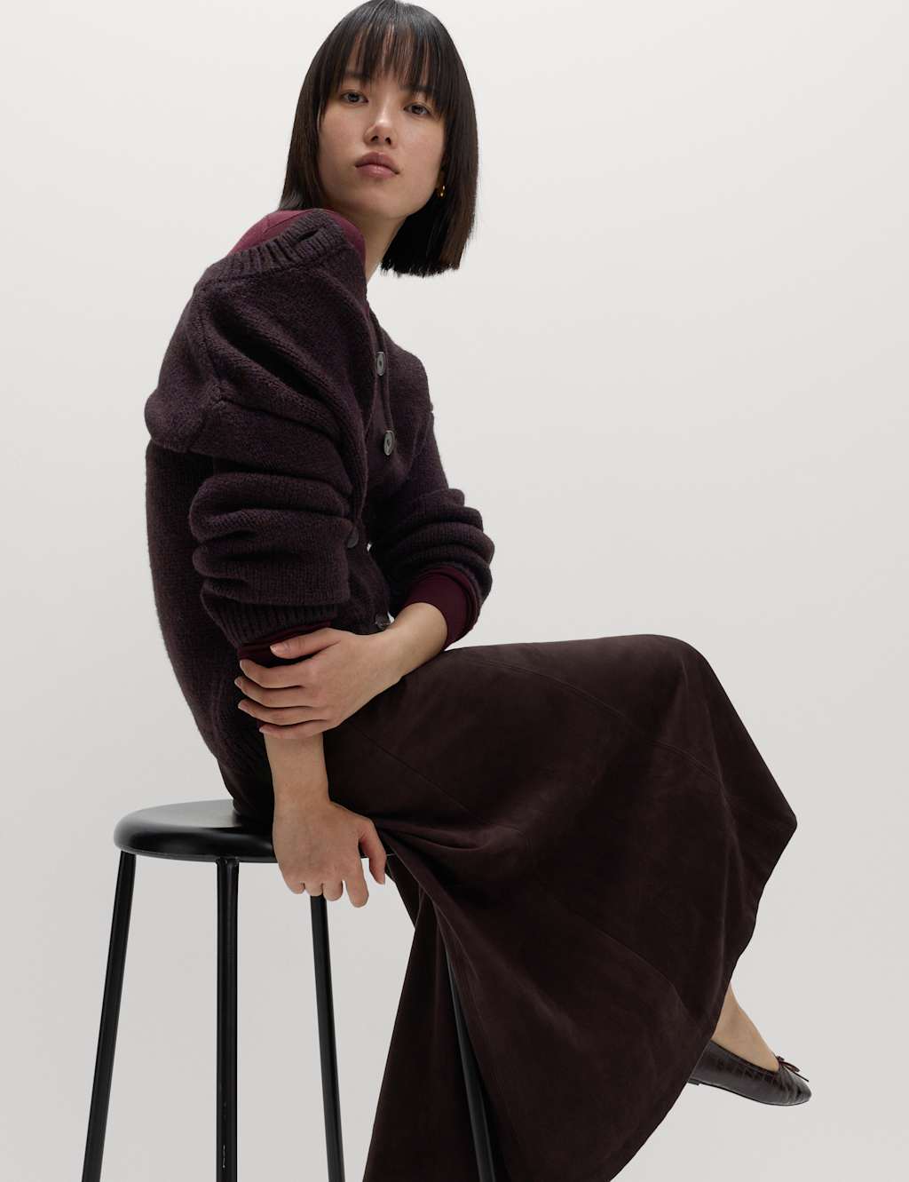 M&S Crew Neck Pocket Detail Cardigan Dark Grape