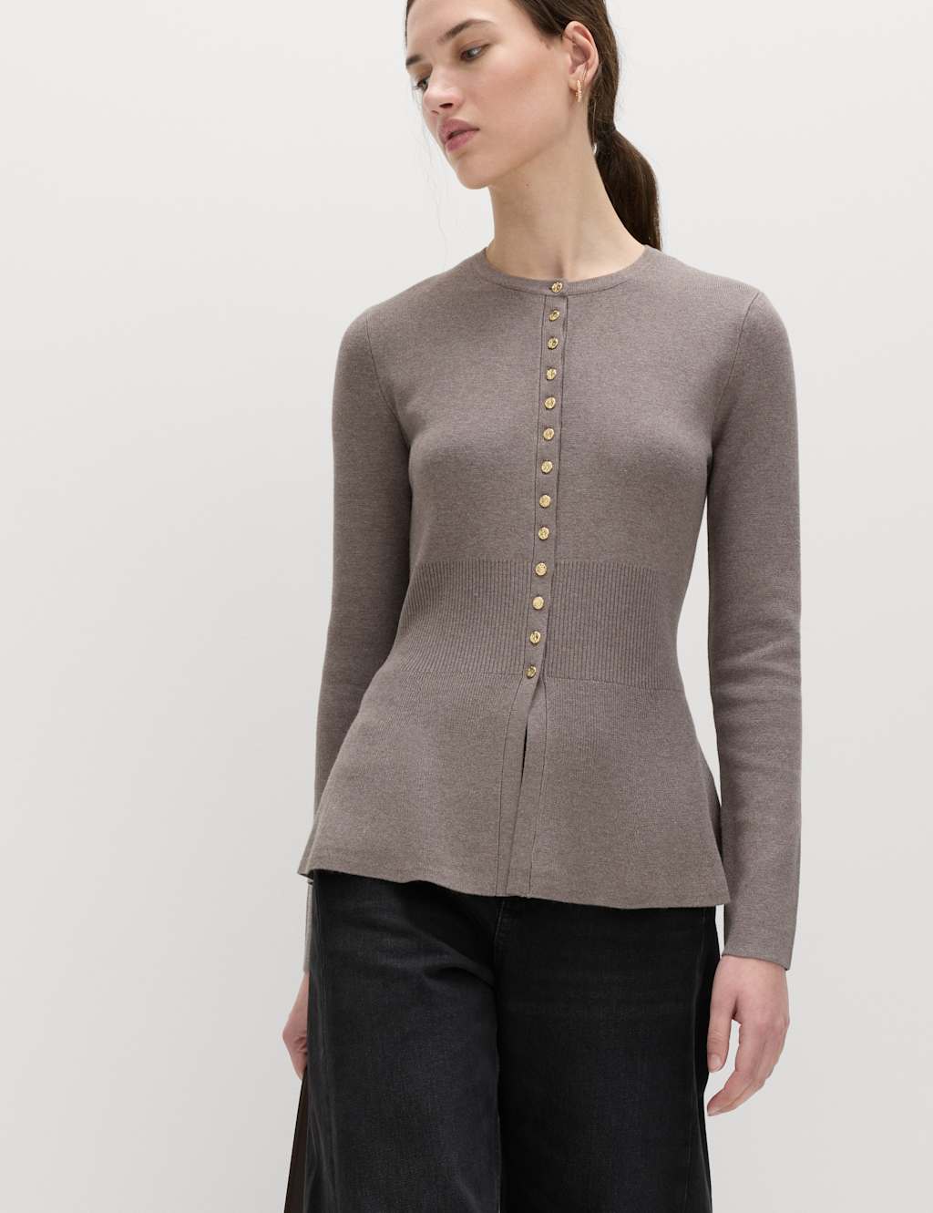 M&S Women's Crew Neck Peplum Slim Fit Cardigan - Medium - Nutmeg