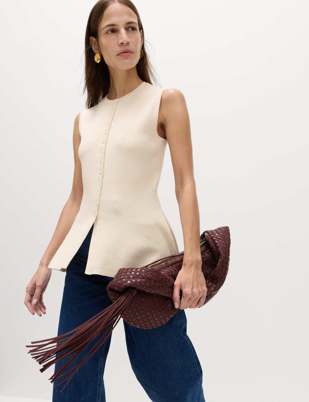 M&S Women's Ribbed Peplum Waisted Knitted Waistcoat - Medium - Ecru