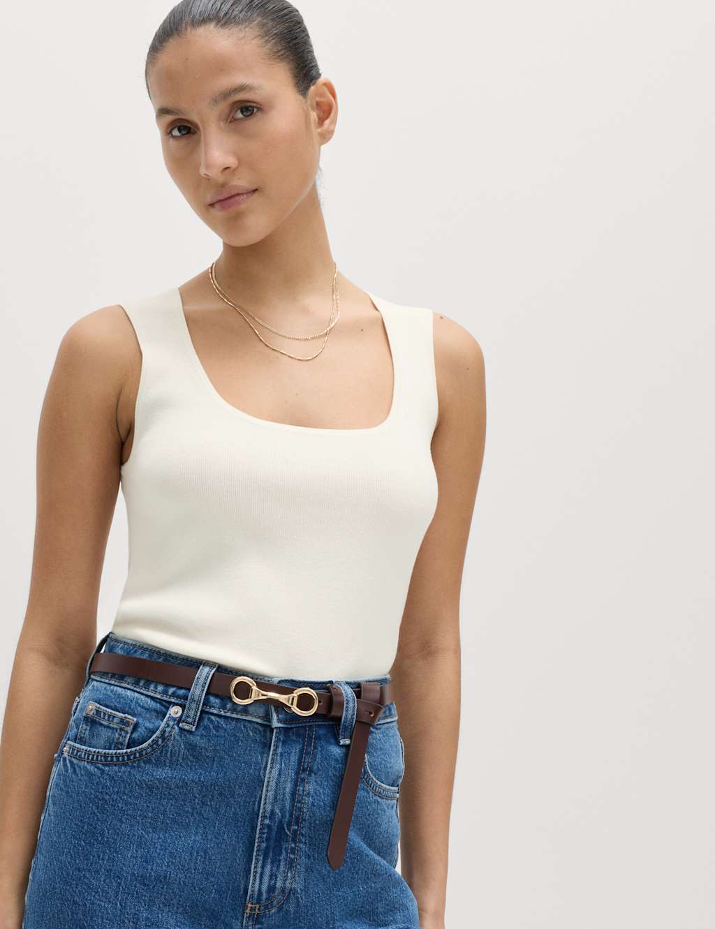 M&S Women's Square Neck Slim Fit Knitted Vest - Medium - Ivory