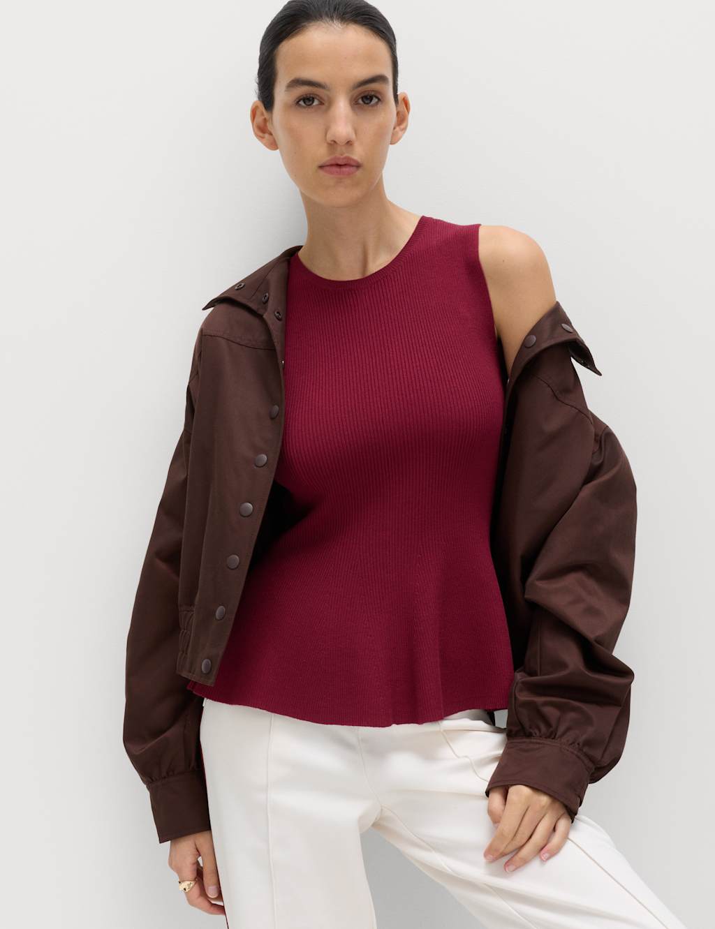 M&S Women's Ribbed Peplum Knitted Vest - Large - Dark Claret