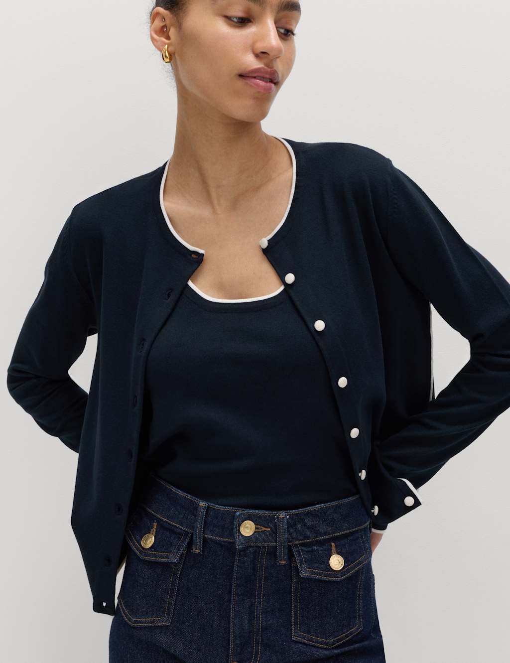 M&S Women's Tipped Detail Slim Fit Cardigan - Extra Small - Navy Mix