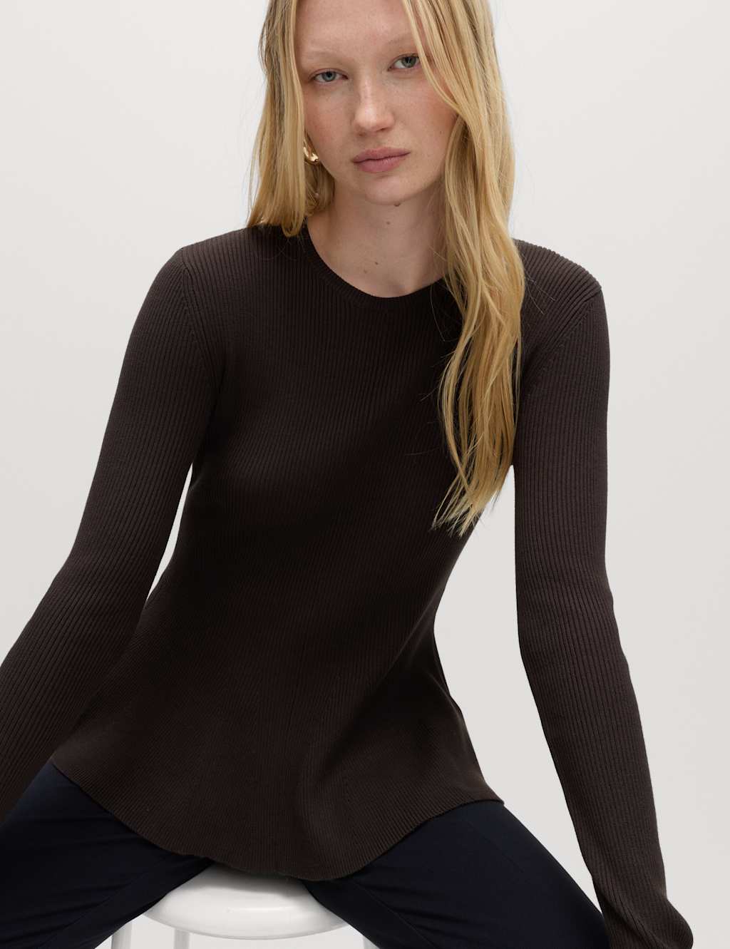 M&S Women's Ribbed Peplum Slim Fit Knitted Top - Small - Bitter Chocolate