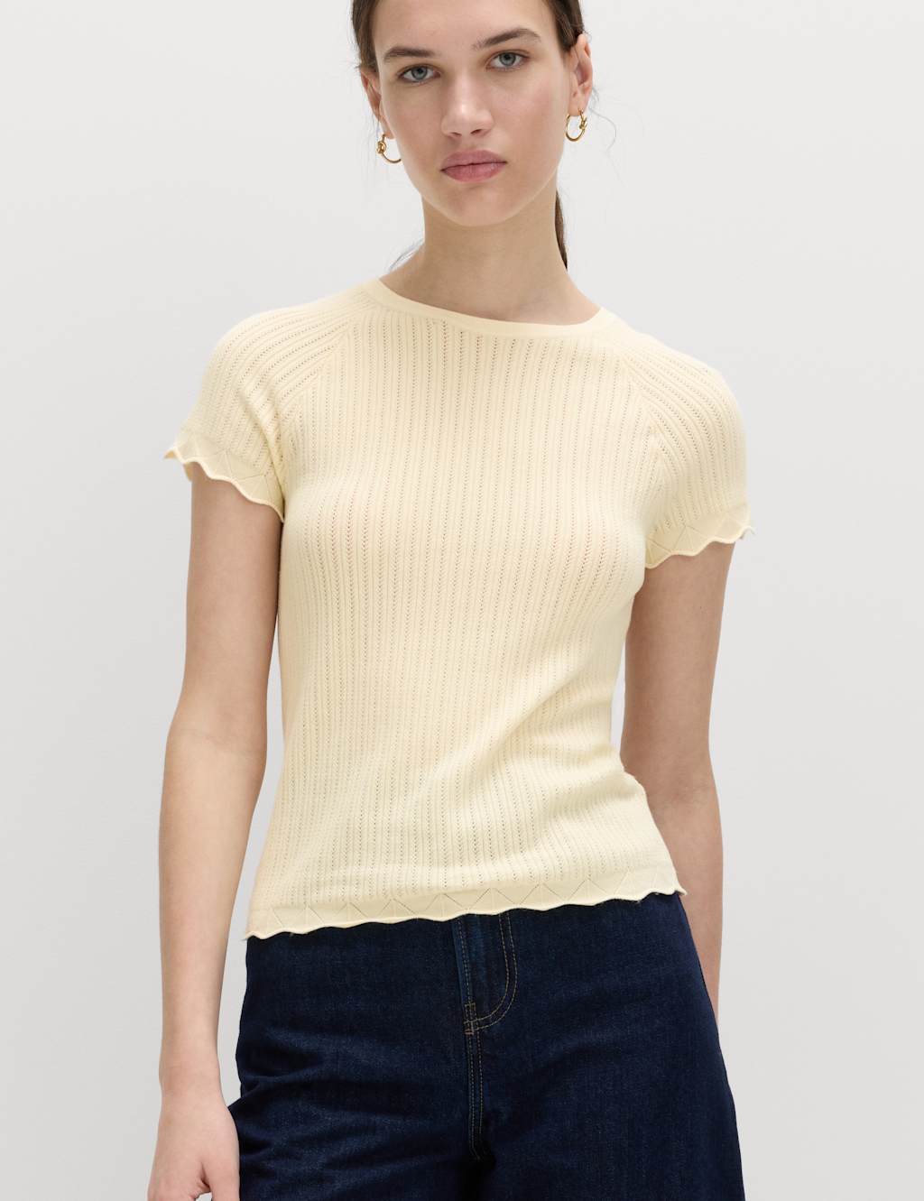 M&S Women's Pointelle Slim Fit Knitted Top - Small - Buttermilk