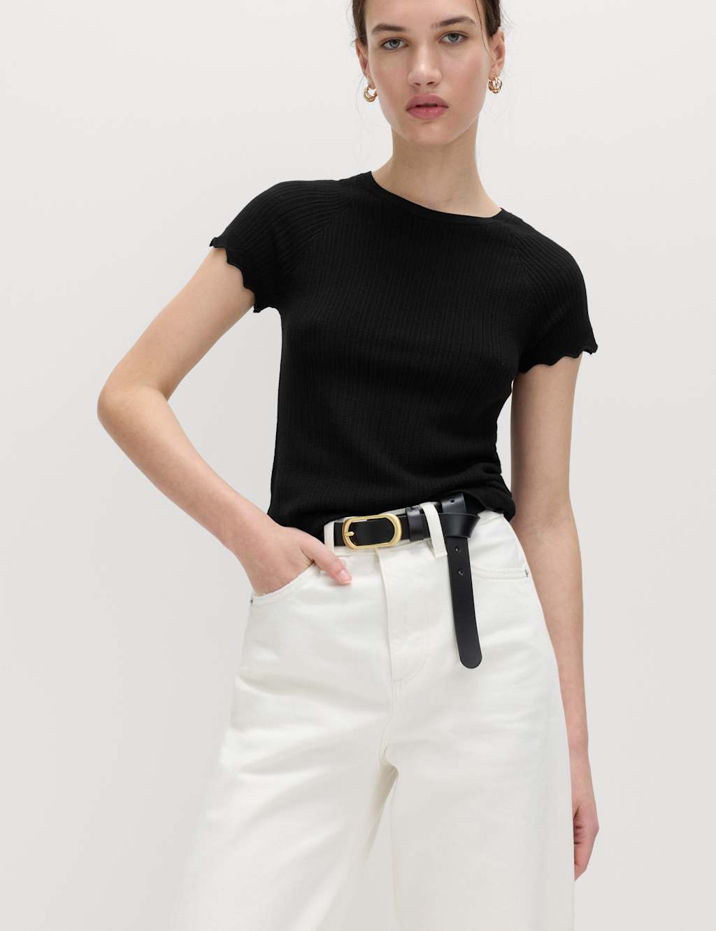 M&S Women's Pointelle Slim Fit Knitted Top - Medium - Black