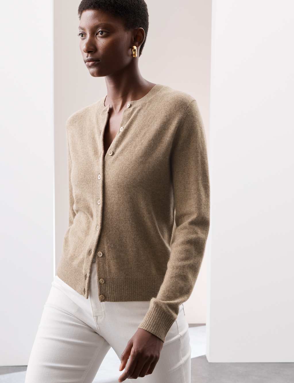 Autograph Pure Cashmere Crew Neck Relaxed Cardigan Hazelnut