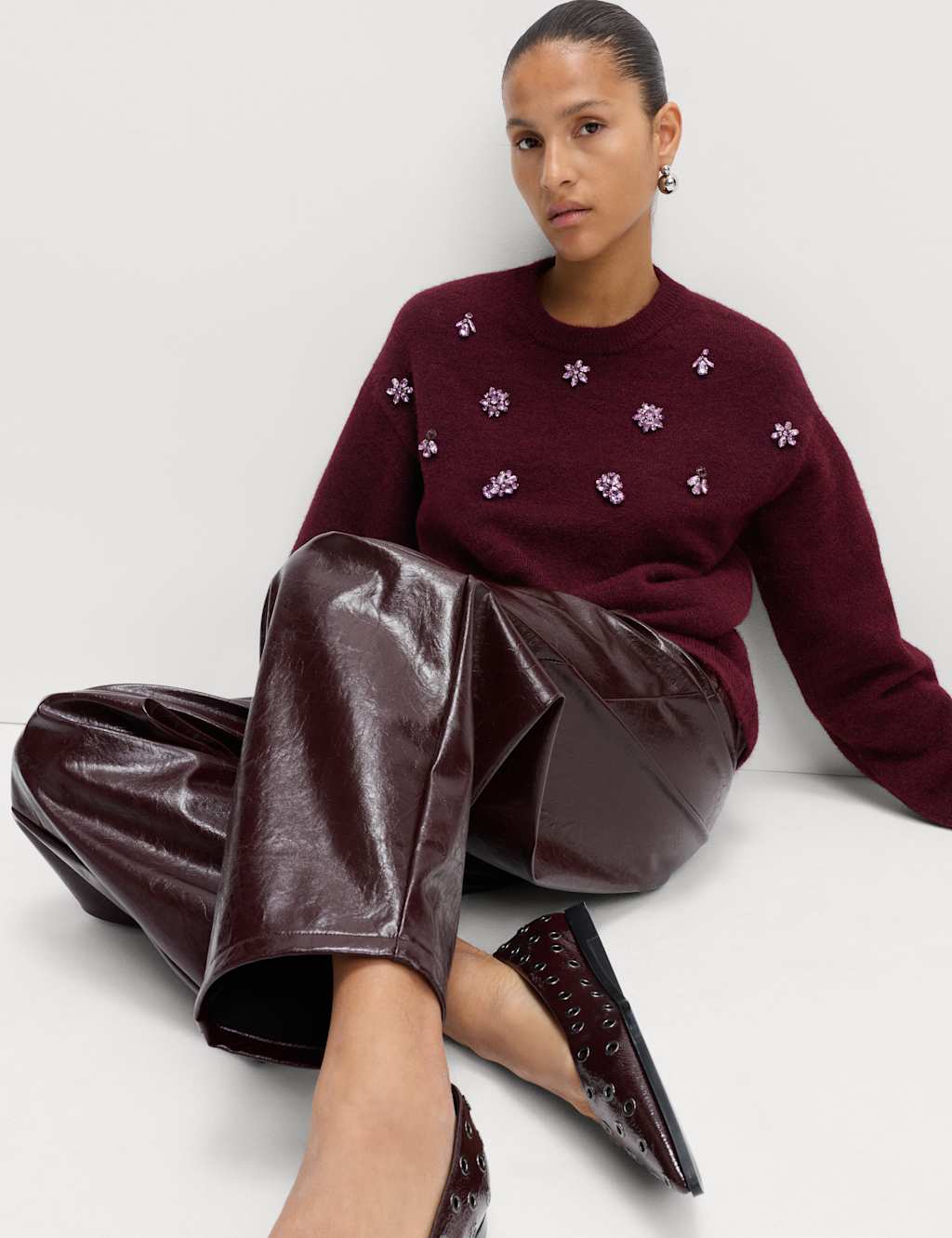 M&S Gem Embellished Relaxed Jumper With Wool Dark Burgundy