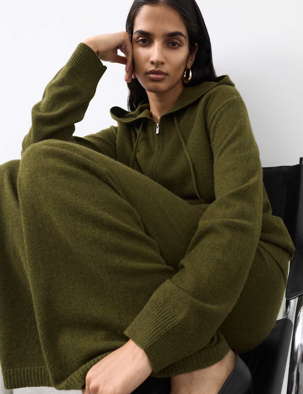 Autograph Pure Cashmere Zip Up Hoodie Dark Khaki