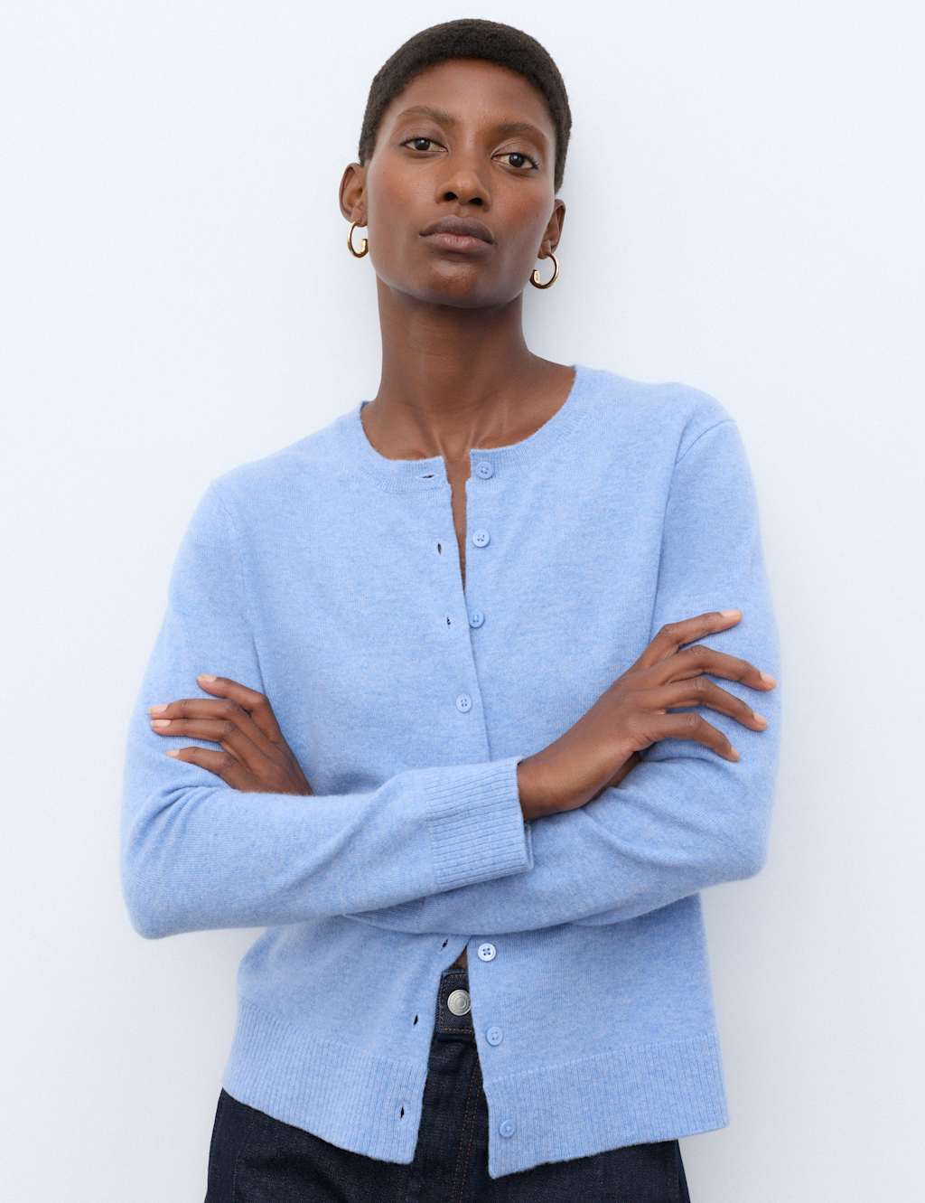 Autograph Women's Pure Cashmere Crew Neck Button Front Cardigan - Small - True Blue