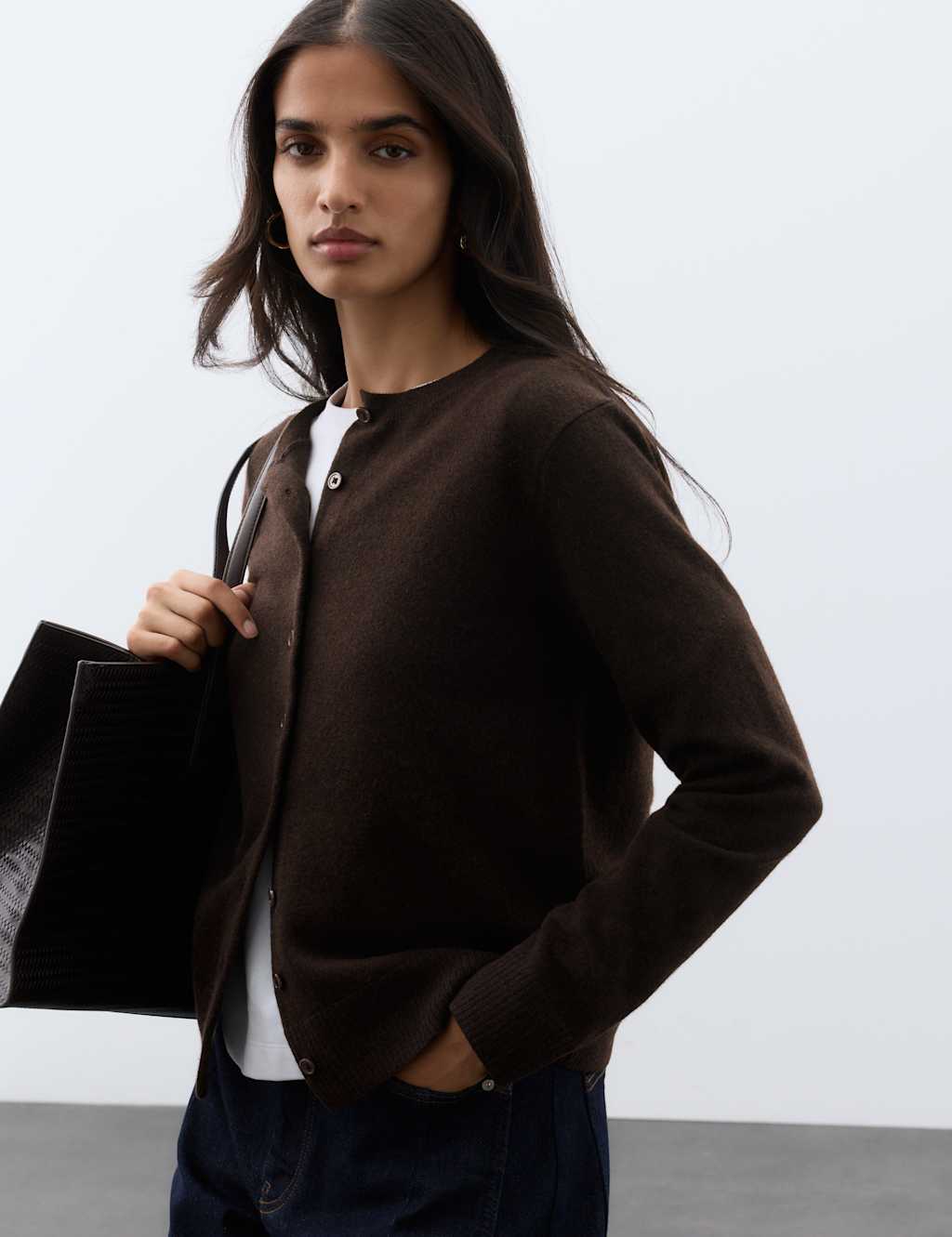 Autograph Women's Pure Cashmere Crew Neck Button Front Cardigan - Small - Bitter Chocolate