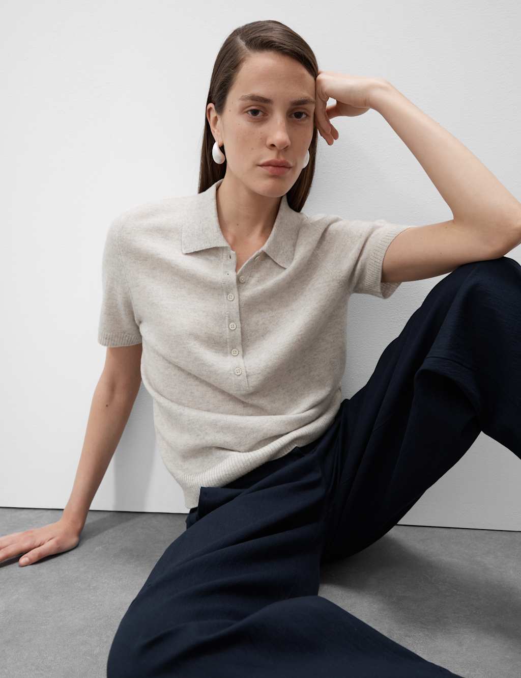 Merino Wool Rich Polo Neck Knitted Top with Cashmere