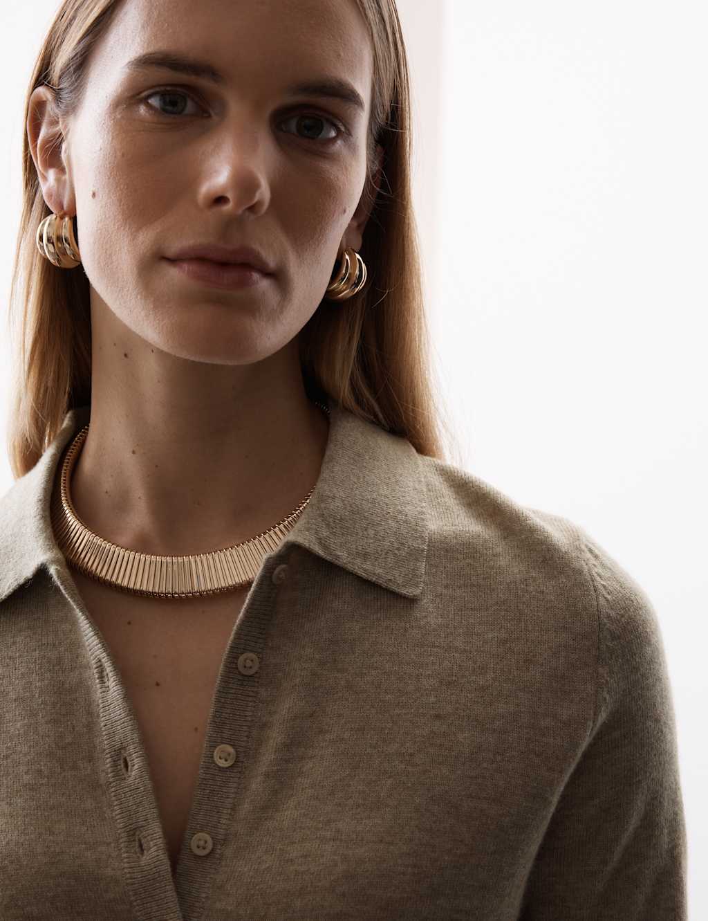 Merino Wool Rich Polo Neck Knitted Top with Cashmere