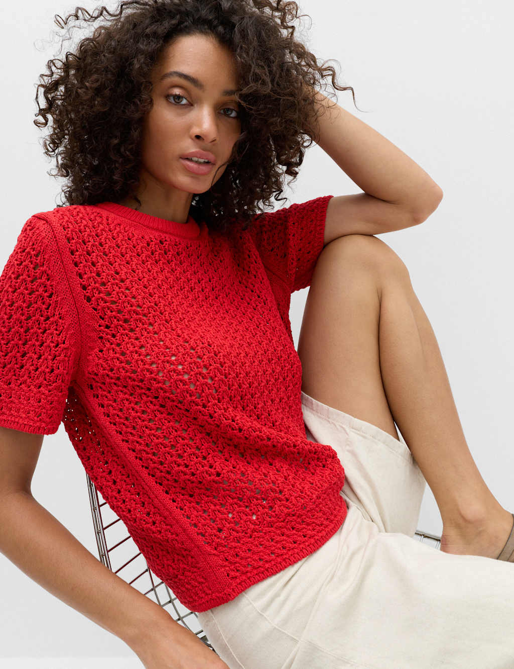 M&S Women's Cotton Blend Textured Knitted Top - Medium - Chilli